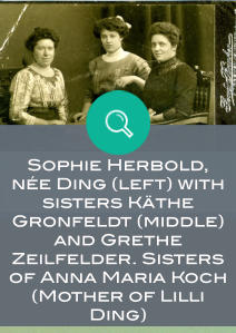 Sophie Herbold, ne Ding (left) with sisters Kthe Gronfeldt (middle) and Grethe Zeilfelder. Sisters of Anna Maria Koch (Mother of Lilli Ding)